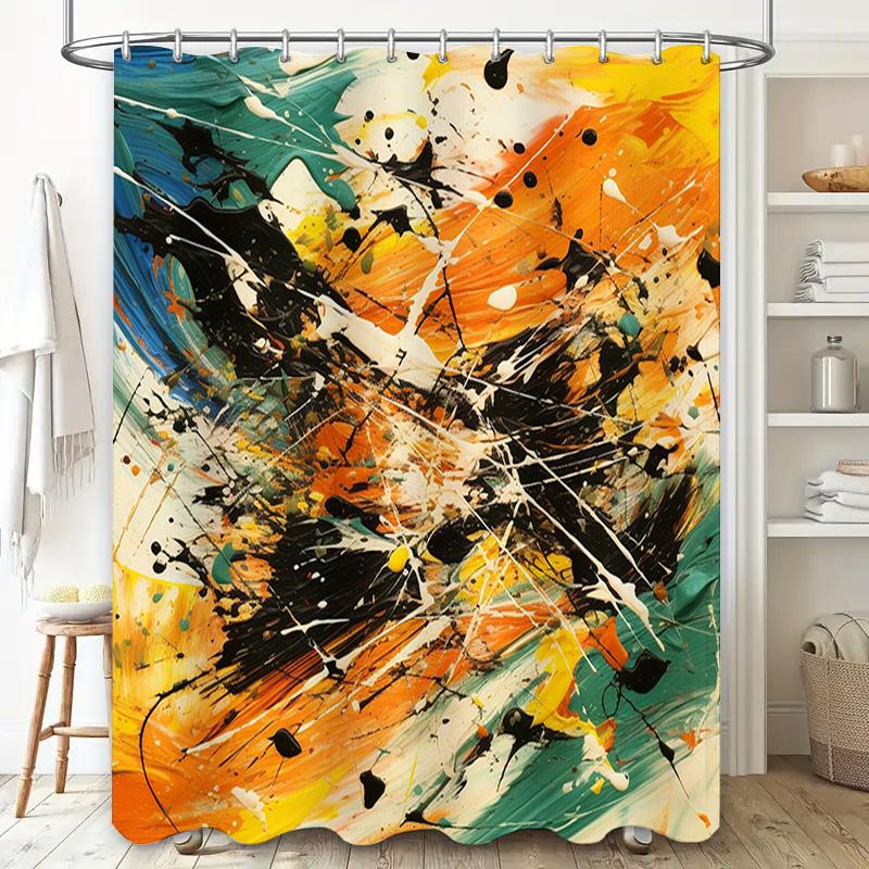Artistic Splatter Shower Curtain Orange Black White Green Yellow Decorative Waterproof Bath Mat Set for Bathroom Renovations