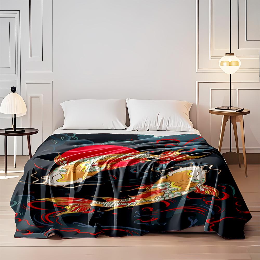 Two Vibrant Koi Fish with a Red Sun Design Flannel blanket for bedroom, living room, sofa, and nap sofas