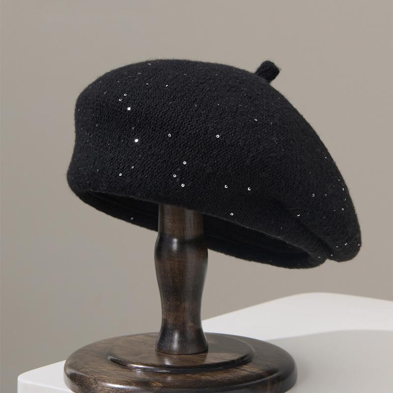 Autumn and Winter British Style Sequin Knitted Beret Hat for Women Korean Versatile Warm Hat Fashionable Casual Painter Hat Trendy