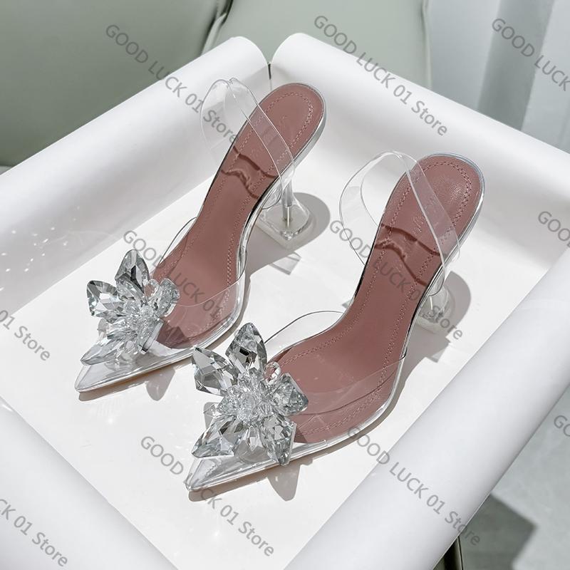 Fashion 2025 Summer Ladies Transparent Crystal Flower Sandals With High Heels
