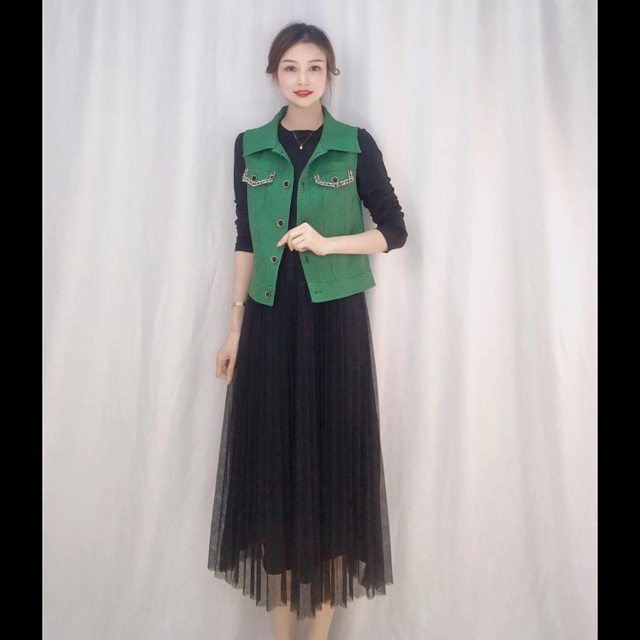 Elegant Spring/Autumn Vest & Mesh Dress Two-Piece Set Medium (M) зелёный