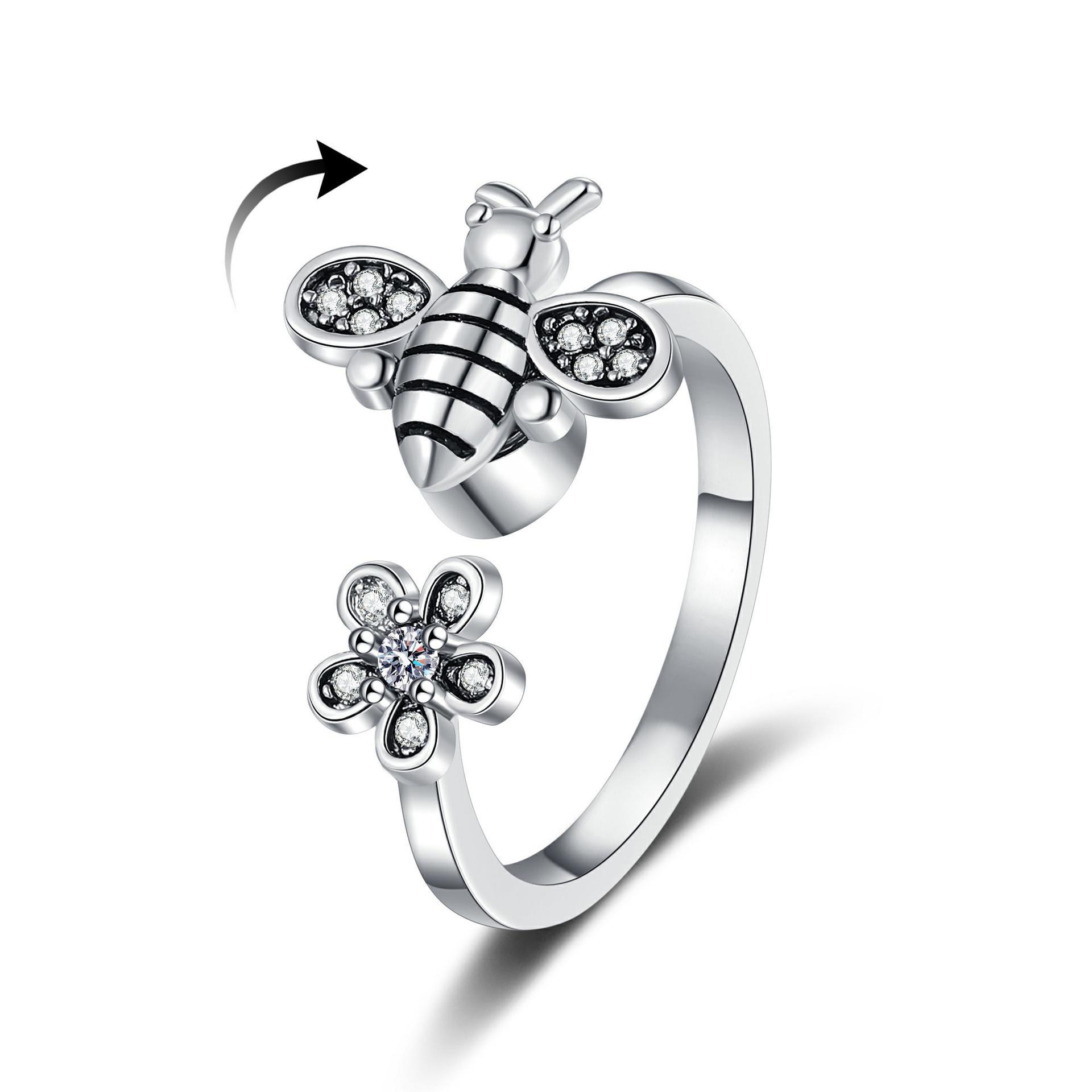 2026 Bee Rotatable Small Daisy Open Personalized Ring Creative Retro Decompression Simple Ring Resizable