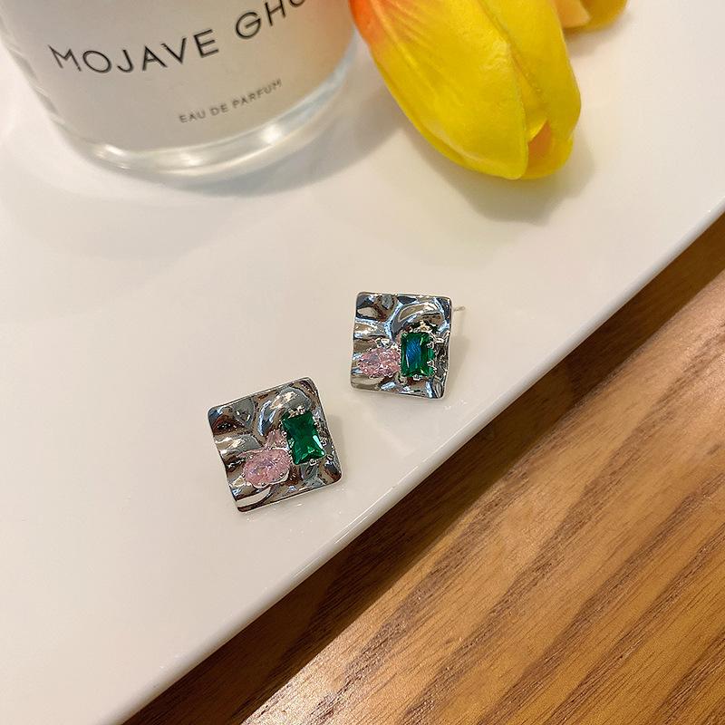 Silver needle irregular diamond-set square stud earrings female design sense versatile Korean earrings French retro ear jewelry
