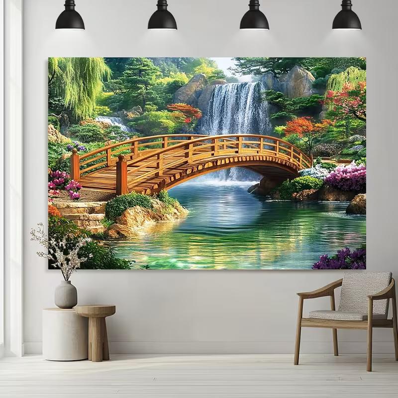 2D Japanischer Garten, Brücke, Wasserfall, Wandteppich, Zen-Natur, Wandbehang für Schlafzimmer