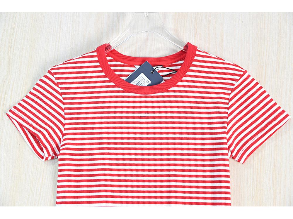 Siqi Women's Ribbed Stretch Cotton Color Block Striped Slim Fit Round Neck Short Sleeve T-shirt