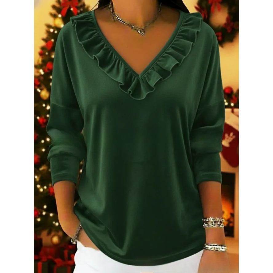 YYFS Camicette e camicie con scollo a V a maniche lunghe con stampa tinta unita primavera autunno moda casual da donna