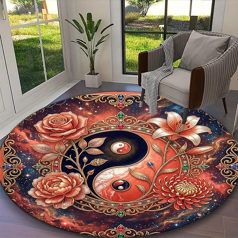 1pc Lotus Blossom Yin Yang Printed Chair Rug for Home Office Use, Living Room Kitchen Game Room Round Carpet