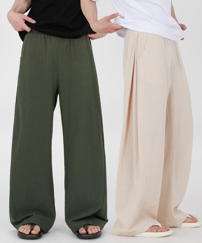 Opeumeideu Side Pintuck Linen-Like Curved Pants