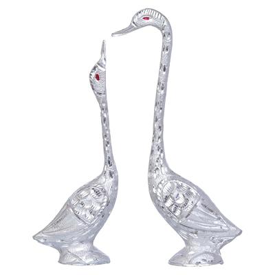 Paire de canards embrassants, cygnes, pièce maîtresse pour la décoration intérieure - 29 cm (argent)