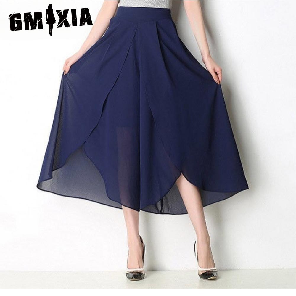 

GMXIA 4 цвета, летние брюки, свободные женские брюки длиной до щиколотки, шифоновая юбка с высокой талией, широкие брюки, брюки больших размеров M синий