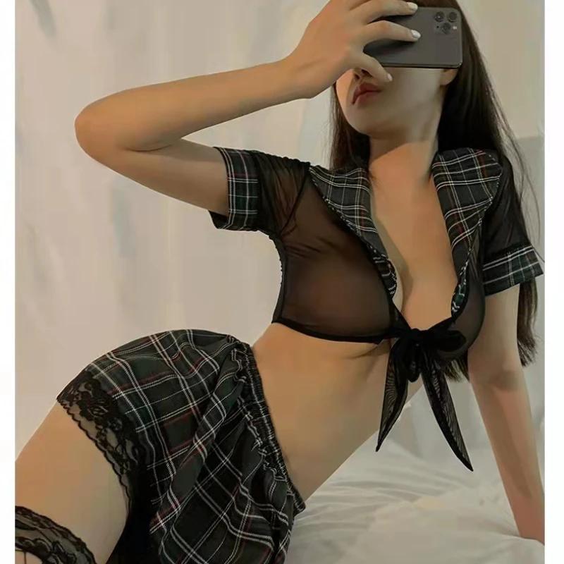 Sexy Cosplay Lingerie School Student Uniform Role Play Costume Women Cute Mini Skirt Tight Blouse Set Porn College Girl Shirts