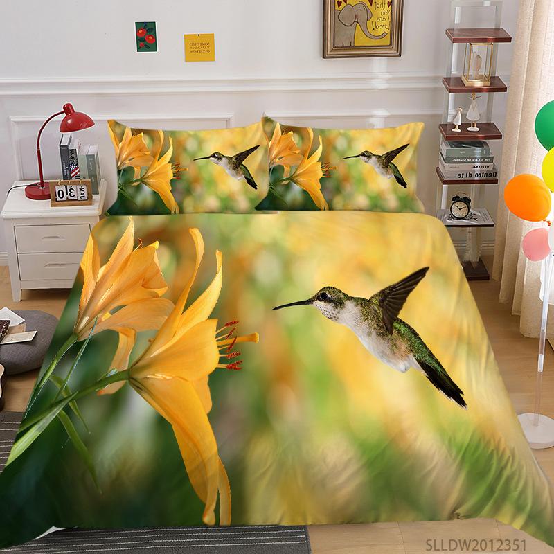 Hummingbird Duvet Cover Set King/Queen Size Small And Cute Tropical Bird Yellow Flower Green Leaves  Bedding Set Women