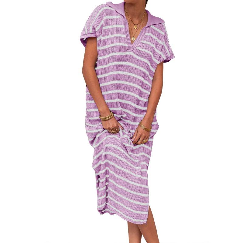 Summer Dress Women's V-neck Striped Low-slit Lapel Long Sweater