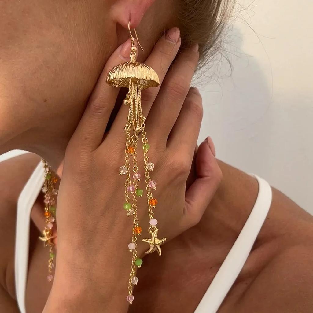 Boho Starfish Scallop Metal Long Tassel Earrings Women Summer Beach Vacation Gold Color Jellyfish Shiny Crystal Earrings