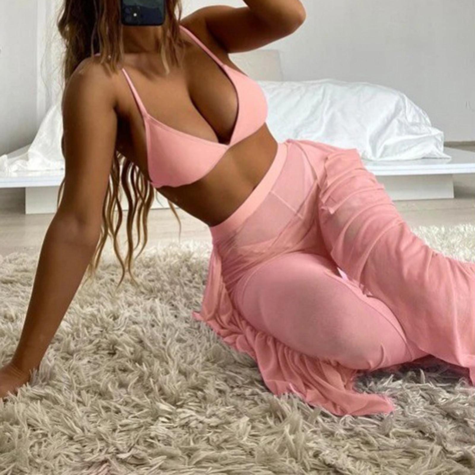 

Женский летний модный сексуальный однотонный купальник с открытой спиной на шнуровке и рюшами на талии, сетчатые брюки, купальник из трех частей M розовый