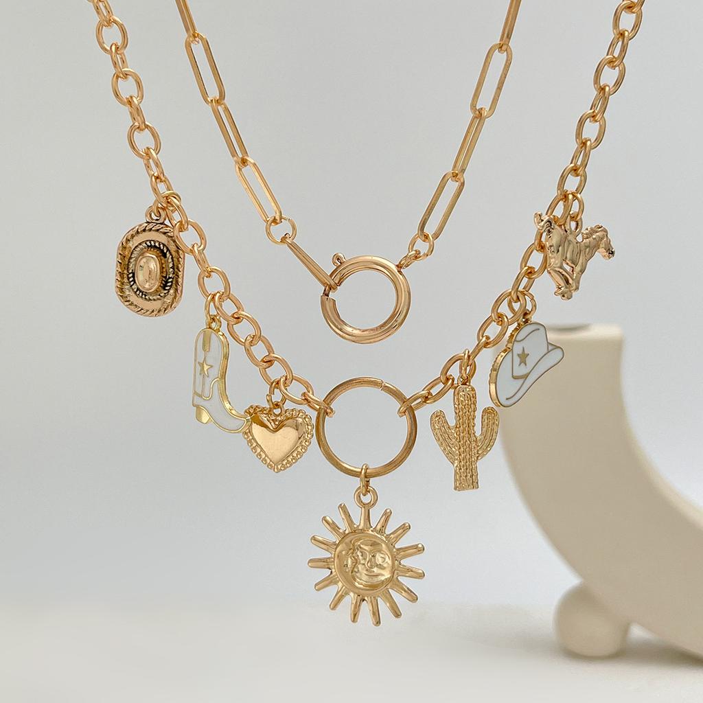 Fashion Hip Hop Cowboy Hat Sun Flower Necklace Women, Personalized Metal Love Pendant Clavicle Necklace