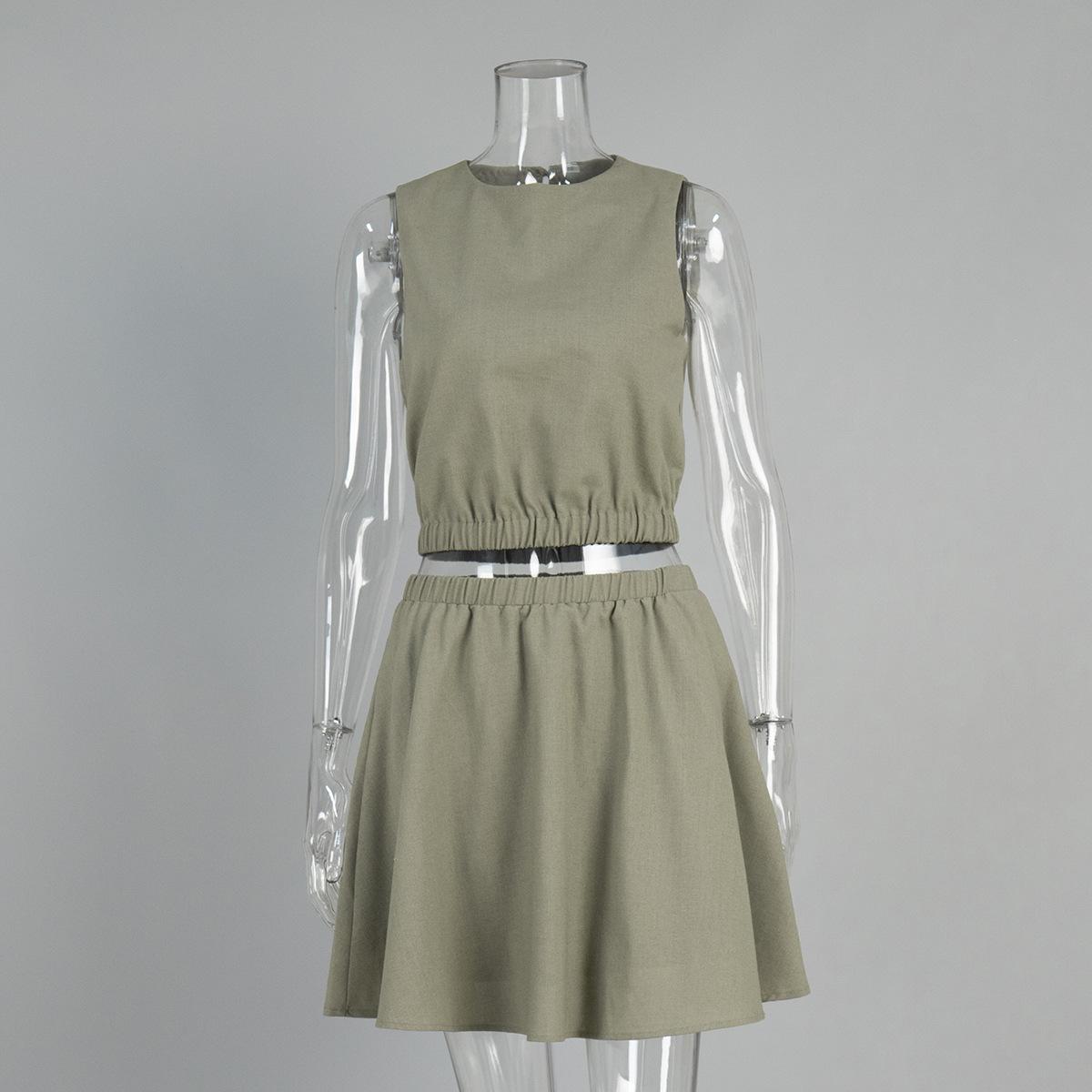 Round Neck Vest Pleated Skirt Set Cotton Linen Short Skirt Casual Set For Women L хаки