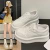 Women's Platform Shoes Woman Sneakers 2024 New Lace Up Increased Heel Versatile Low Top Casual Solid Leather Small Waffle Shoes
