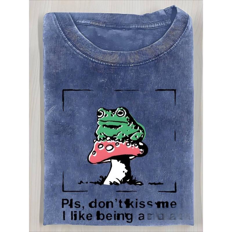 European Size Men'S Washed Short Sleeve T-Shirt | Frog & Mushroom Funny Text Print, Vintage Distressed Trendy Top, High-Quality Fashion Soft Comfort