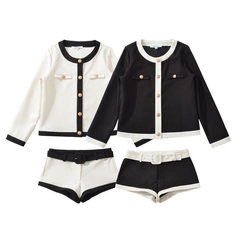 Zbzr Spring New Women clothes round Neck Long sleeve Age-Reducing Contrast Color Patchwork Jacket With Belt Shorts Set