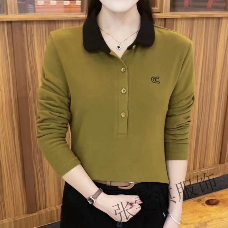 Women's Clothing Fashionable POLO Solid Color Base Long Sleeve Casual Lapel Button Contrast Top