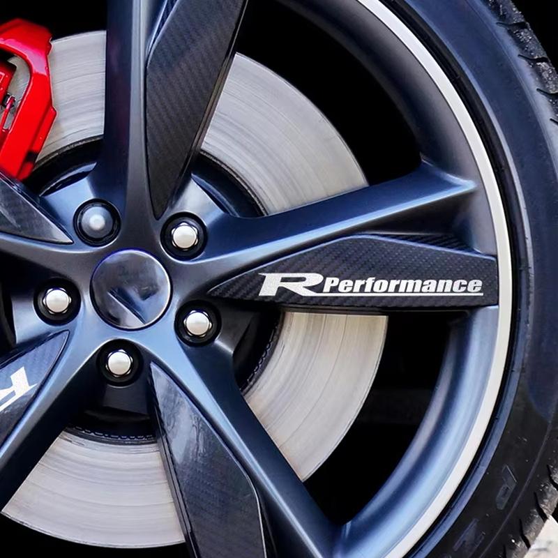 4Pcs R Performance Car Wheels Reflective Stickers Auto Rim Wheel Hub Body Racing Style Vinyl Film Decals Car Tuning Accessories