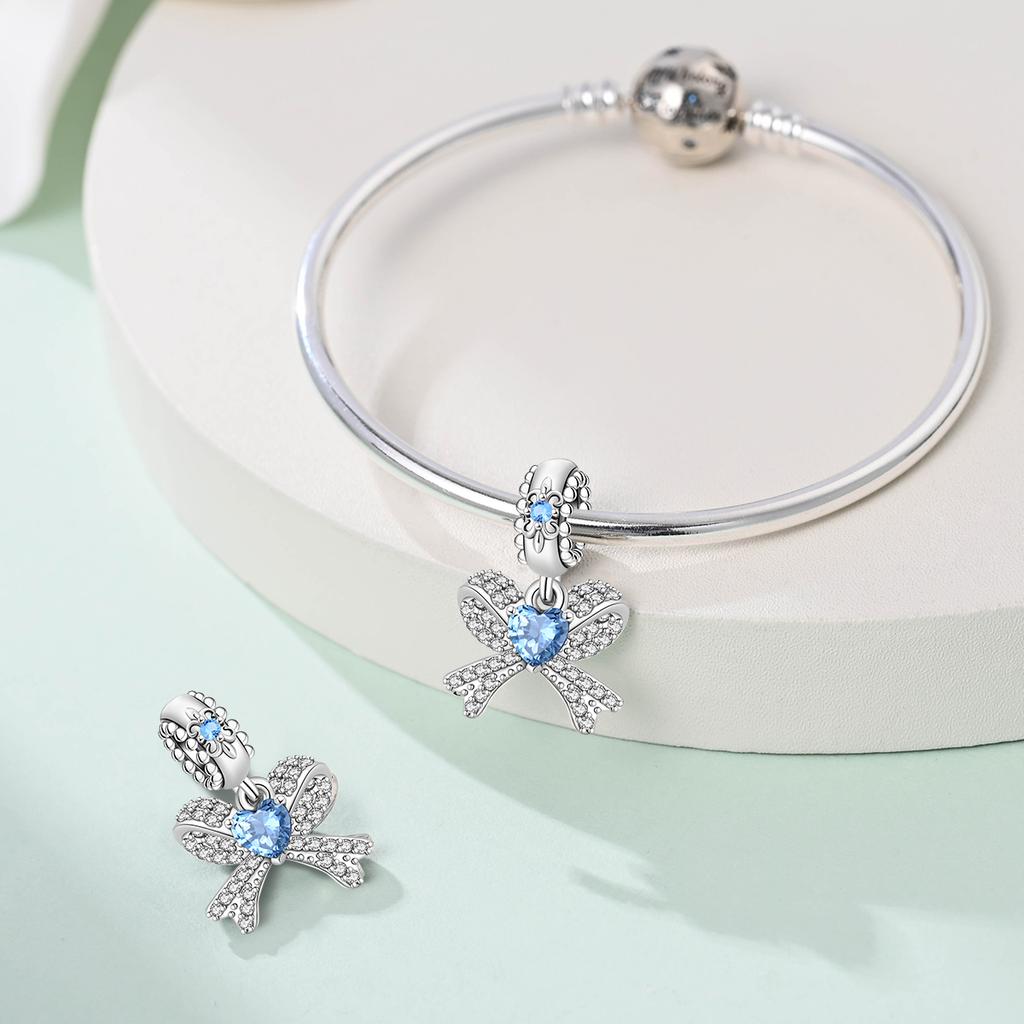 Charm Bead Charms Authentic copper Plated Blue Zircon Butterfly Knot Heart Pendant Bead Charms Compatible With Bracelets Diy Gift Women Delicate