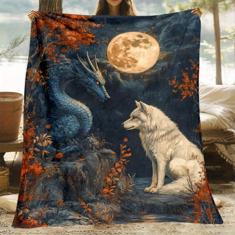 

Fantasy wolf and dragon patterns Flannel printed blanket suitable for all seasons suitable living room office sofa and travel 75x100cm (30x40inch)