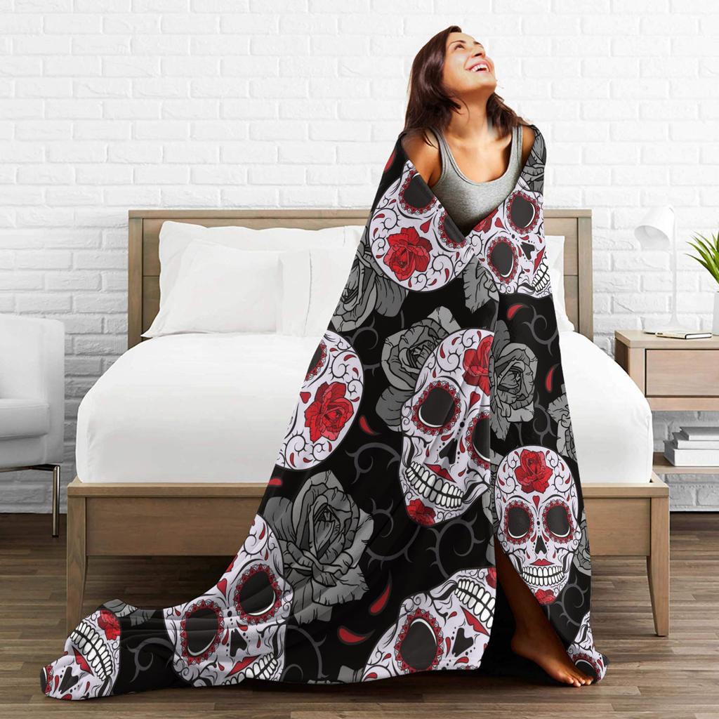 Sugar Skull Rose Halloween Knitted Blanket Flannel Gothic Day of the Dead Warm Throw Blankets for Bed Bedspread
