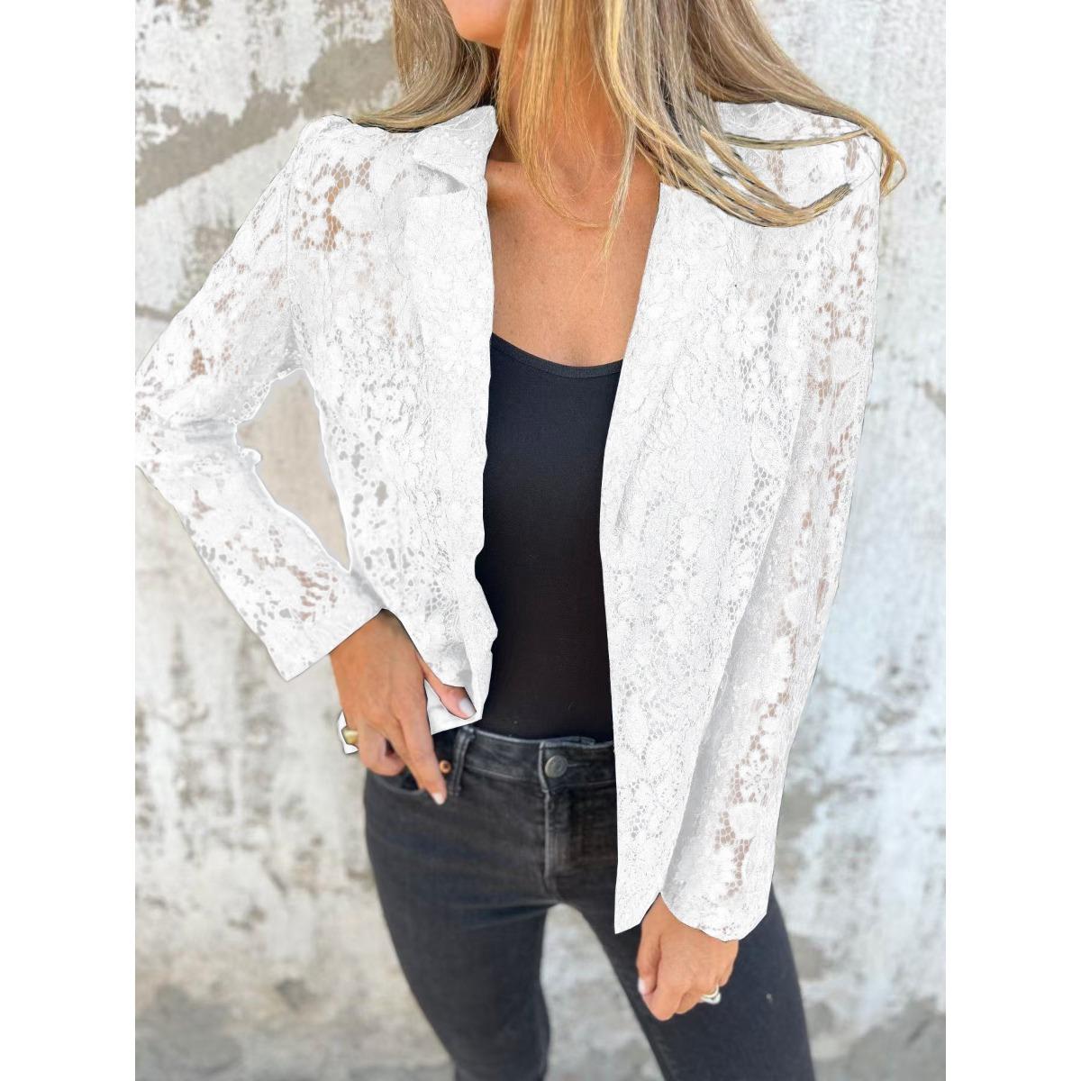 

2025 Весна Лето Новая Женская Блузка Однотонная Кружевная Модная Повседневная Стильная Офисный Блейзер Топ для Amazon Европа Америка 3XL белый