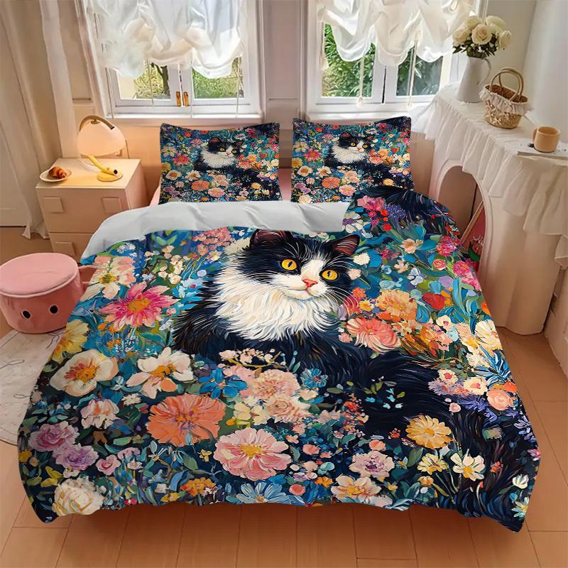 3pcs Colorful Garden Cat Print Cover Set Ultra Soft, Breathable, and Comfortable Bedding with Stylish Design for Bedroom and Guest Room Decor 1 C