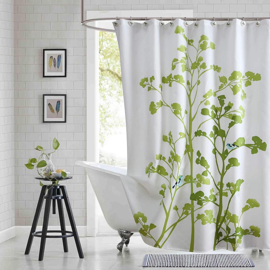 Floral Pattern Fabric Shower Curtain, Beige Gray Plant Bathroom Shower Curtain, Waterproof Bathroom Shower Curtain Curtain