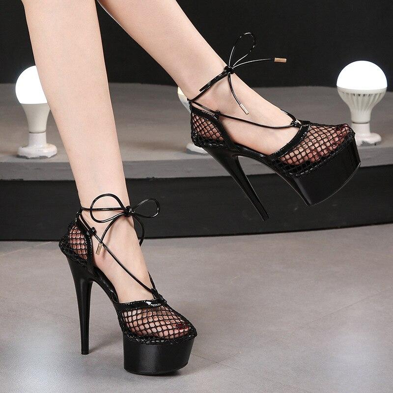 Buty damskie Casual Match Summer Hollow oddychająca siateczka cienkie sznurowane sandały seria 8661 15cm obcas 5cm platforma LFD