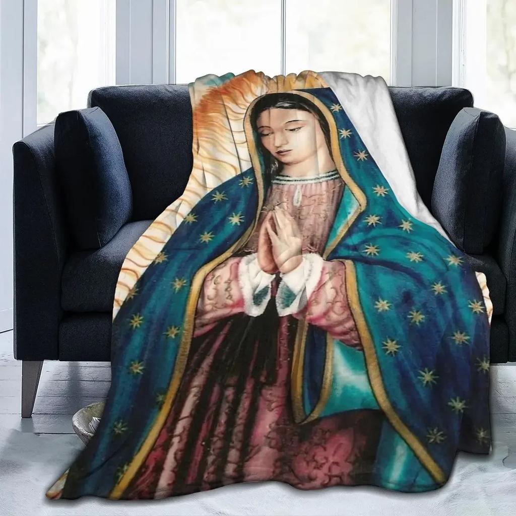 Virgin Mary Blanket Our Lady of Guadalupe Flannel Blanket Warm Gifts for Mom Cozy Fuzzy Throw Sofa Couch Bedding Living Room