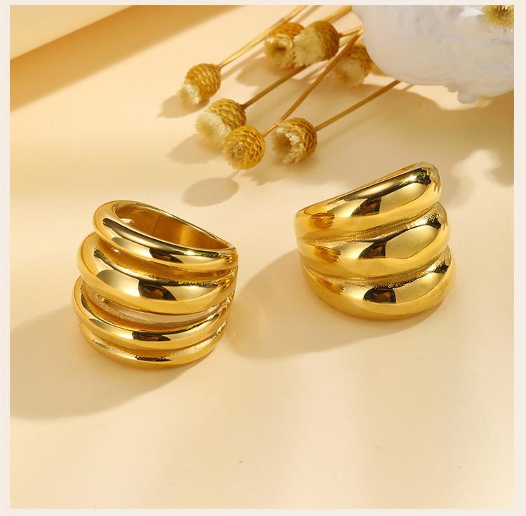 Double Layer Chunky Ring for Women, Gold Plated Stainless Steel, High Polish Statement Band Radial Ring