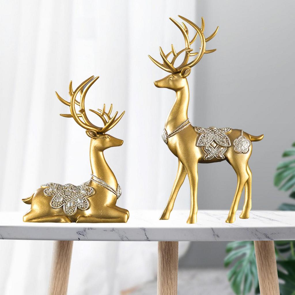 2x Deer Figurines Decors Reindeer Sculptures Souvenirs TV Stand Elk Statues