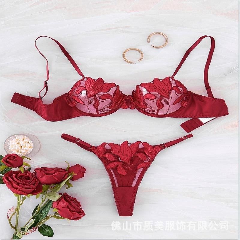Sexy steel rim ultra-thin bra set gathers big breasts and shows small transparent lace princess erotic underwear