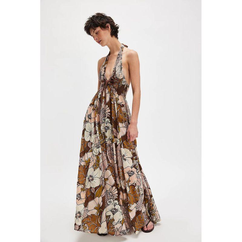 

New Arrival Summer V Neck Smocking Lace-up Backless Large Swing Dress Coffee S