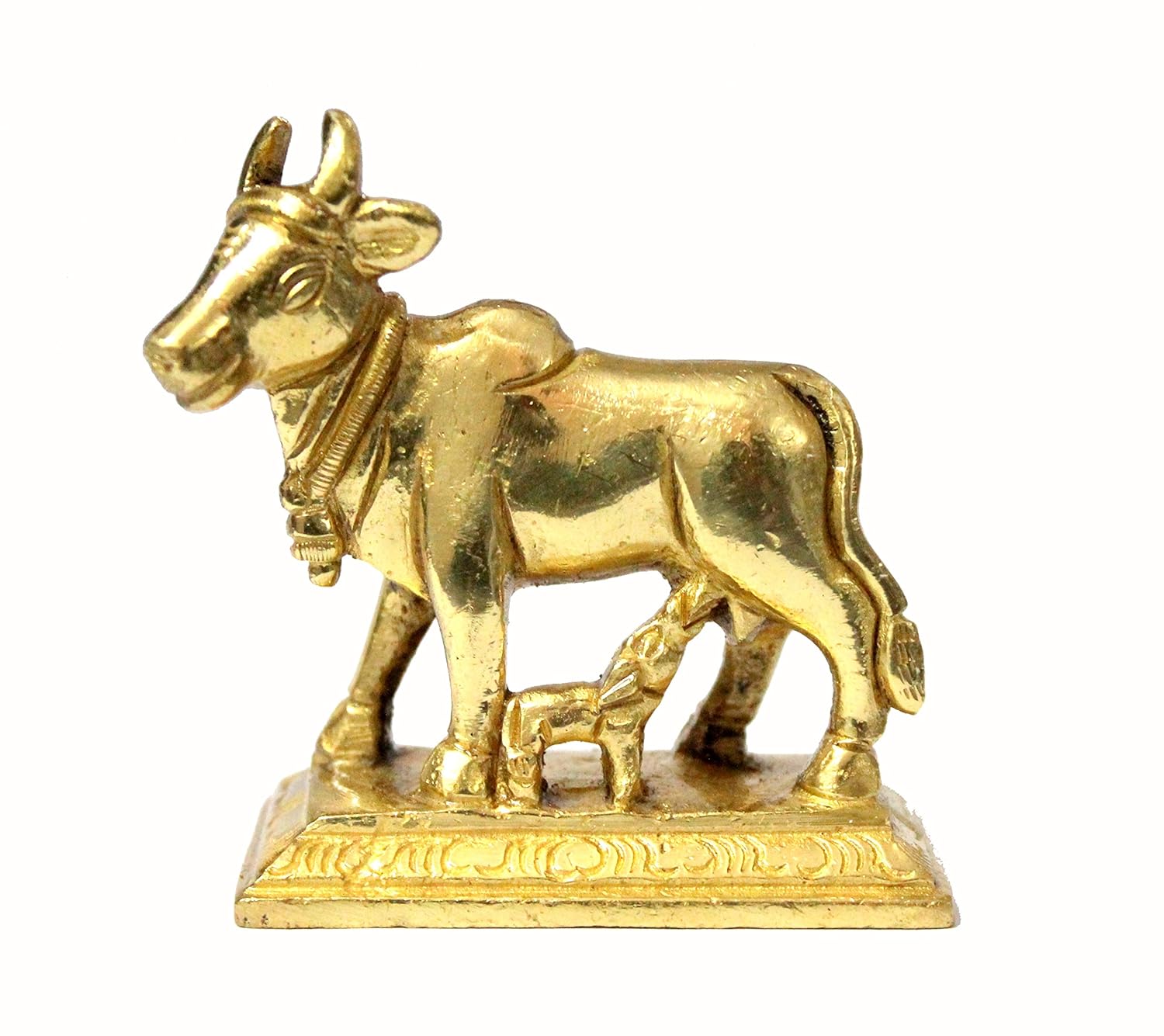 100%Pure Brass Kamdhenu Cow & Calf Sculpture, Golden Idol, Size - Standard