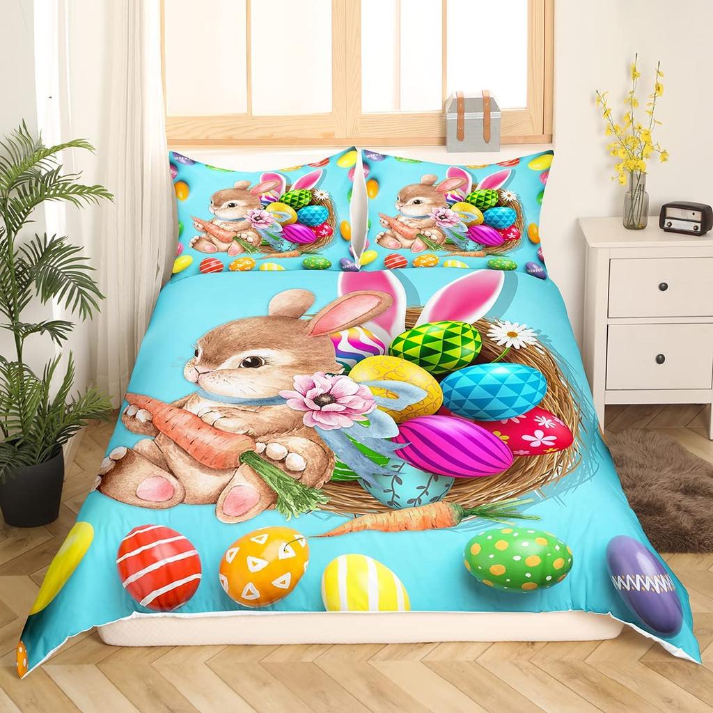 Rabbit Duvet Cover Set Polyester Comforter Cover Twin Size,Pink Floral For Girls Women Cute Bunny Bedding Set With Pillowcase
