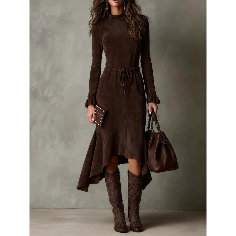 

2025 Trendy Pure Color Long Sleeve Dress with Round Neck and Lace-up Elastic Waist XL кофейный