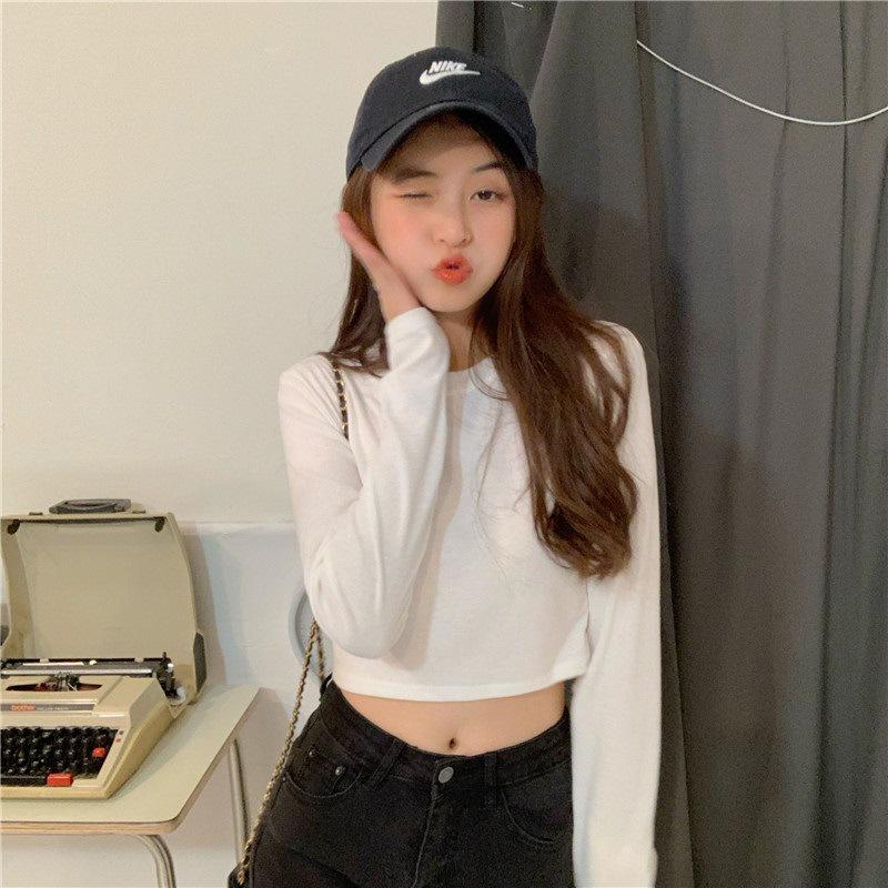 Korean Style Long-Sleeve Milk Silk Crop Top for Women - Autumn Slim Fit