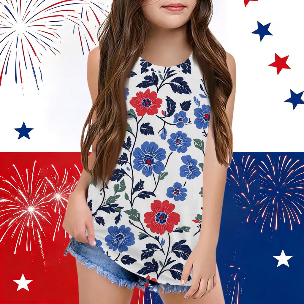 Girls  Kids Summer Crewneck Sleeveless Shirts Tank Tops Independence Day
