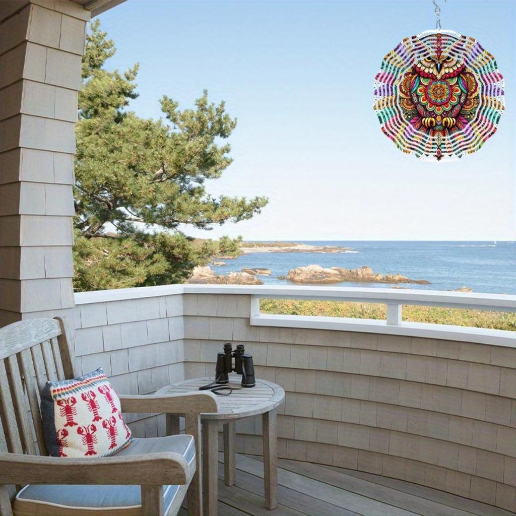 Colorful Mandala Owl Wind Chime for Outdoor Garden Patio Decor Weatherproof 2D Rotating Hanging Art with 360 Degree Hook Holiday Gift