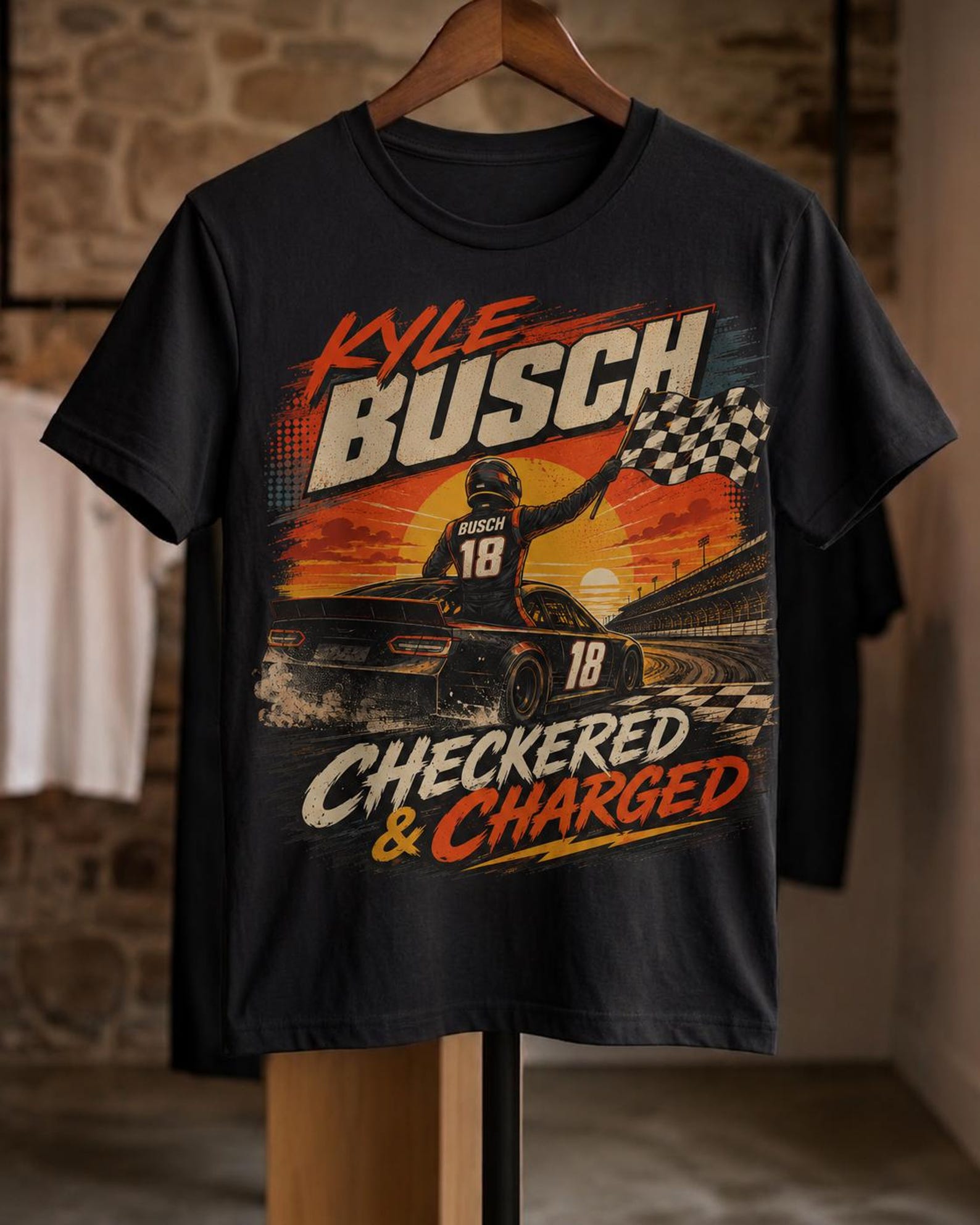 Kyle Busch Checkered Charged Racing Shirt Vintage/Retro Fan Gift Tee L