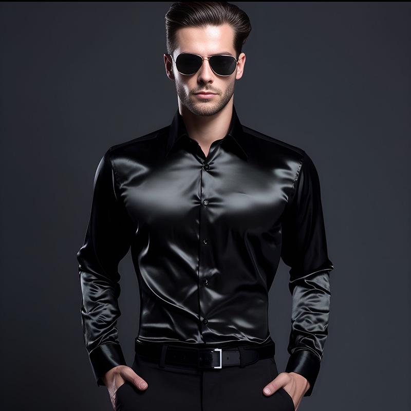 2026 Men's Shiny Long Sleeve Casual Shirt - European Size, Autumn Fashion