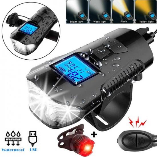 USB Rechargeable LED Cycle Bike Headlight + Rear Light Horn Speedometer Odometer