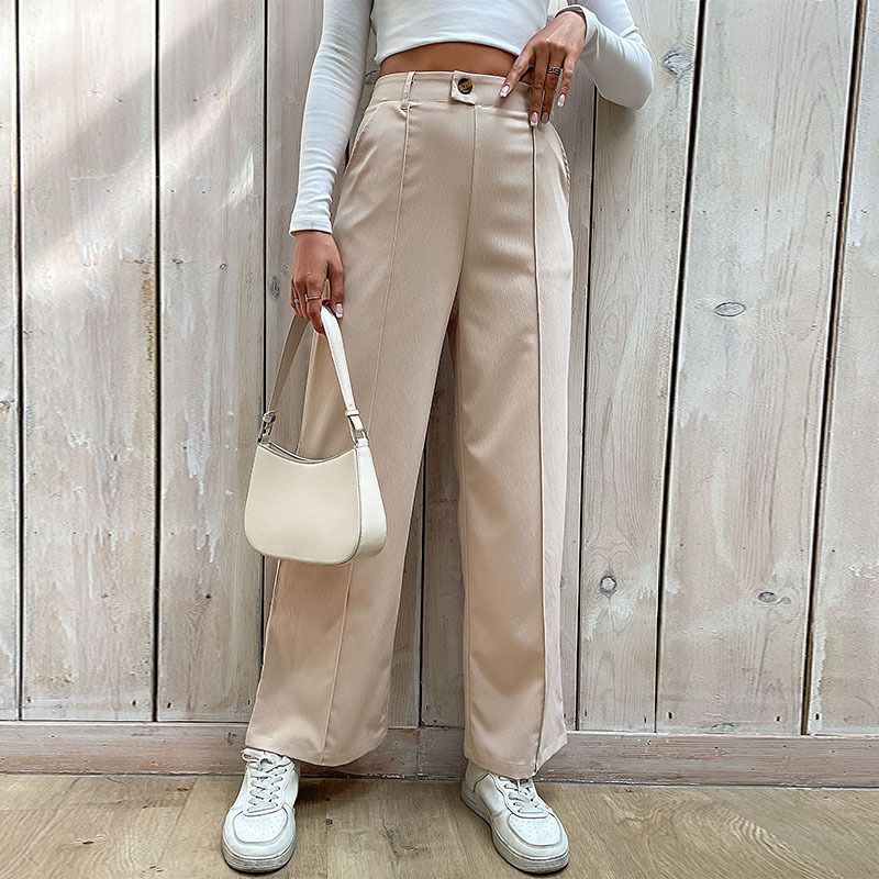 

2025 New Autumn European and American Women clothes Casual Trousers Patchwork Commuter Style Straight Pants Apricot color XL