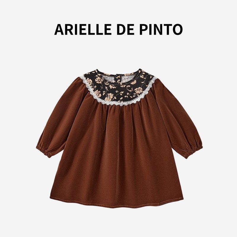 French Arielle De Pinto Girls  Spring and Autumn Korean Style Retro Lace Puff Sleeve Princess Dress Curry color 130