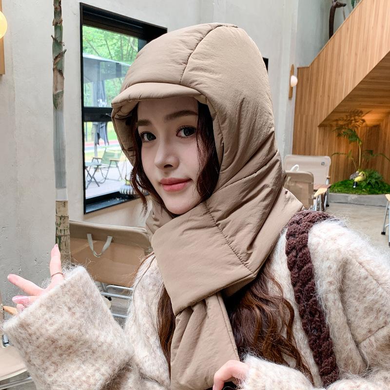 New Winter Hat Scarf Integrated Cold proof Thick Down Hat Riding Ear Protection Hat Northeast Warmth Lei Feng Hat Women